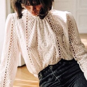 Sezane White Long Sleeve Mock Neck Embroidered Cotton Blend Lace blouse